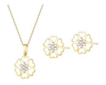 Złote kolczyki i zawieszka z cyrkoniami - komplet - kwiaty