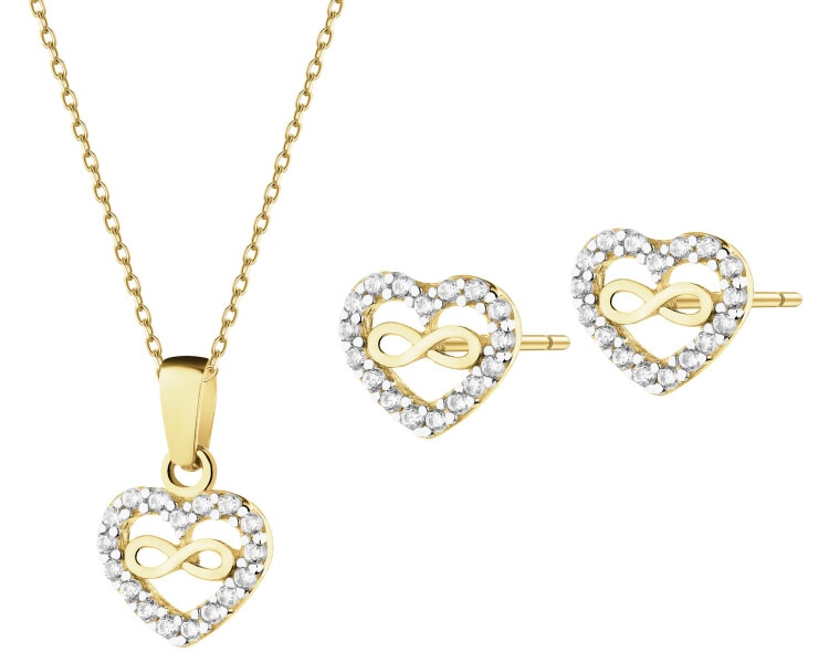 Złote kolczyki i zawieszka z cyrkoniami - komplet - serca, nieskończoność