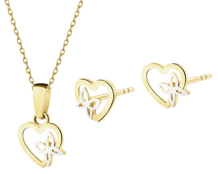 Złote kolczyki i zawieszka - komplet - serca, motyle