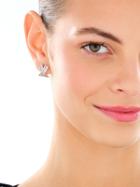 Rhodium-Plated Brass, Rhodium-Plated Silver Earrings with Cubic Zirconia