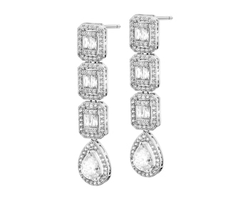 Rhodium-Plated Brass, Rhodium-Plated Silver Dangling Earring with Cubic Zirconia