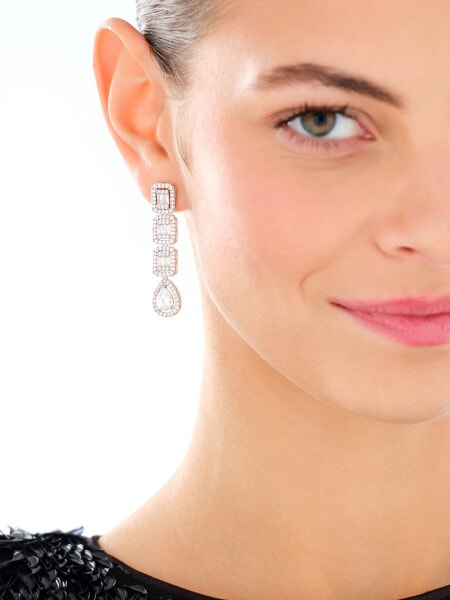 Rhodium-Plated Brass, Rhodium-Plated Silver Dangling Earring with Cubic Zirconia