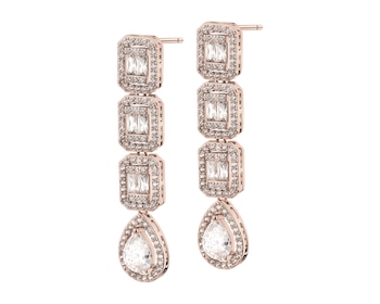 Gold-Plated Brass, Gold-Plated Silver Dangling Earring with Cubic Zirconia