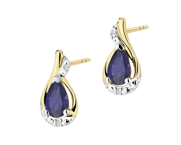 Kolczyki z żółtego złota z diamentami i szafirami syntetycznymi - próba 585