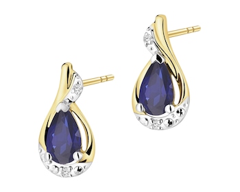 Kolczyki z żółtego złota z diamentami i szafirami syntetycznymi - próba 585