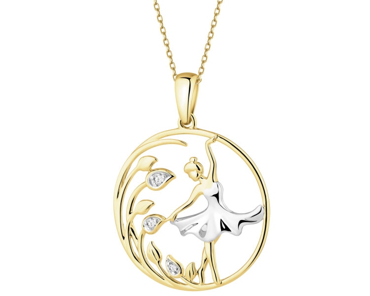 Zawieszka z żółtego złota z brylantami - baletnica, liście - 0,02 ct - próba 585