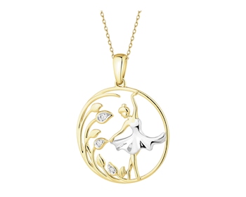 Zawieszka z żółtego złota z brylantami - baletnica, liście - 0,02 ct - próba 585