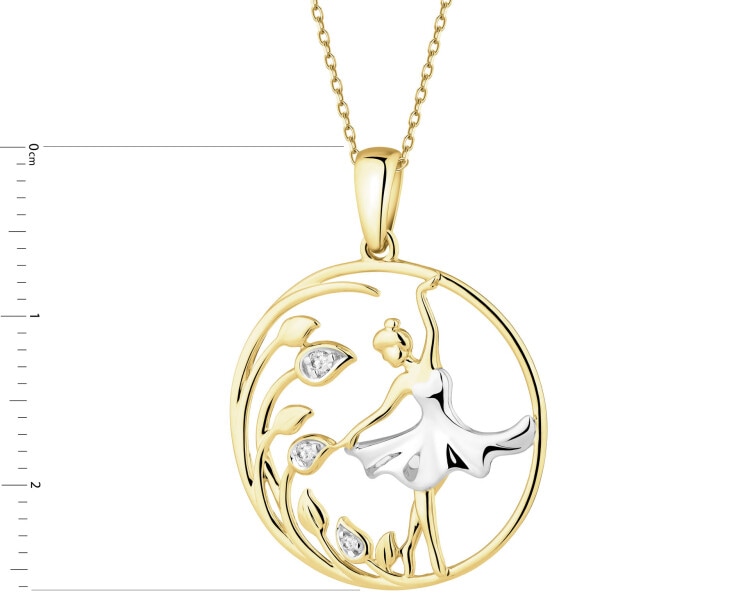 Zawieszka z żółtego złota z brylantami - baletnica, liście - 0,02 ct - próba 585
