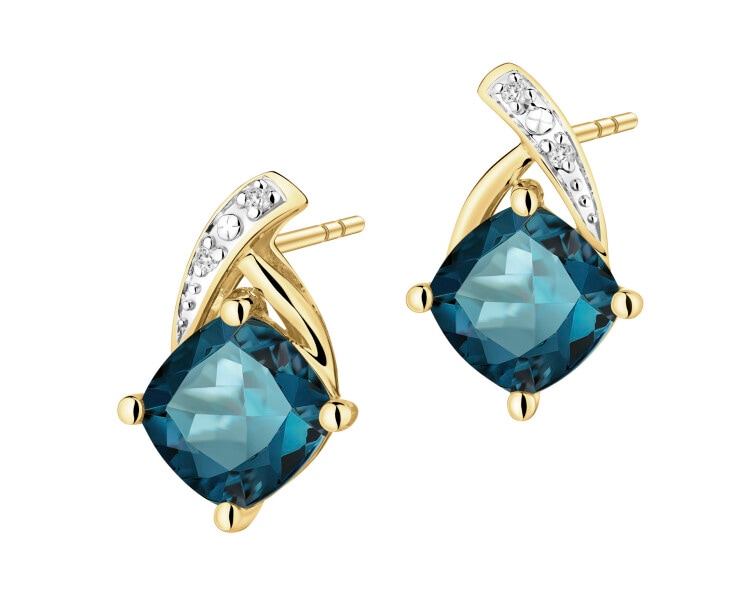 Kolczyki z żółtego złota z diamentami i Topazami London Blue - próba 375