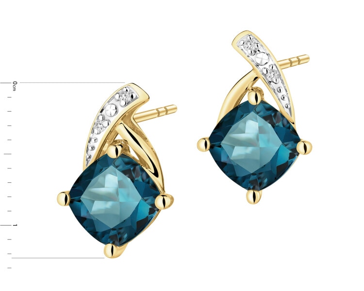 Kolczyki z żółtego złota z diamentami i Topazami London Blue - próba 375