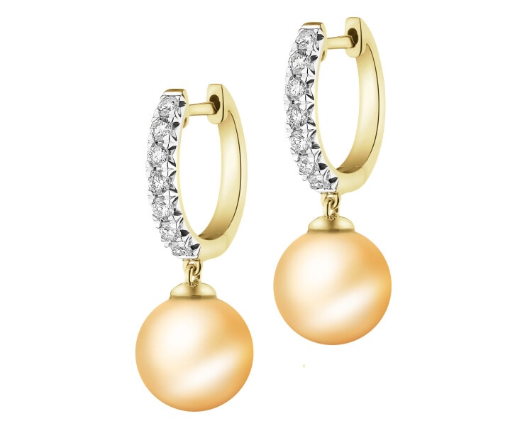 Kolczyki z żółtego złota z brylantami i perłami - próba 750