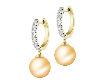 Kolczyki z żółtego złota z brylantami i perłami - próba 750