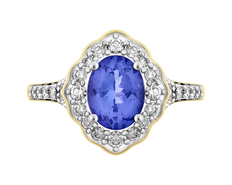 Pierścionek z żółtego złota z brylantami i tanzanitem - próba 585