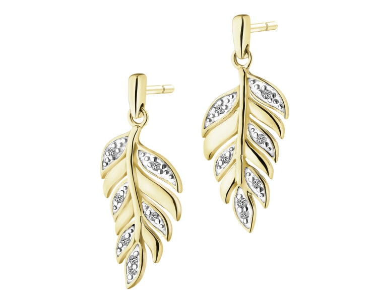 Kolczyki z żółtego złota z diamentami - piórka - 0,05 ct - próba 375