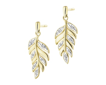 Kolczyki z żółtego złota z diamentami - piórka - 0,05 ct - próba 375