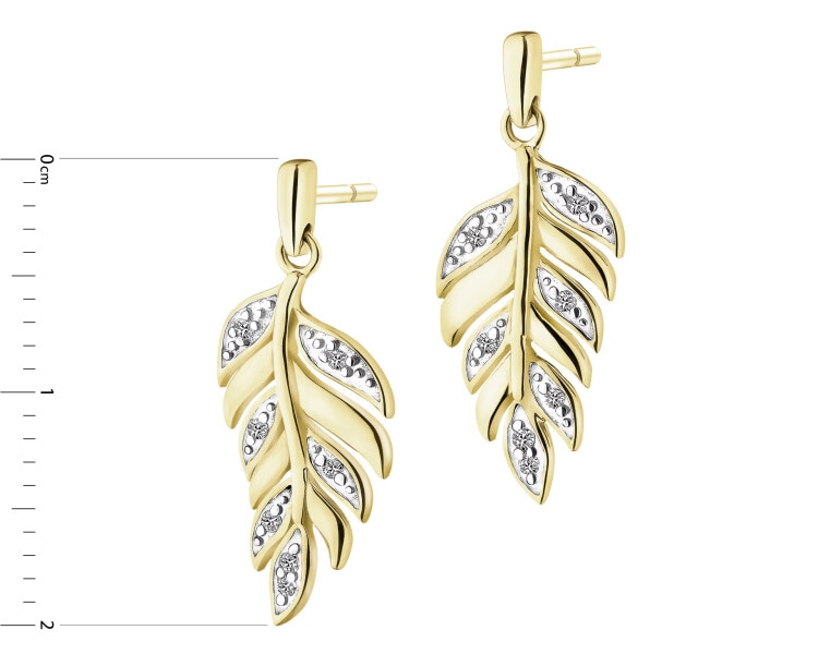 Kolczyki z żółtego złota z diamentami - piórka - 0,05 ct - próba 375