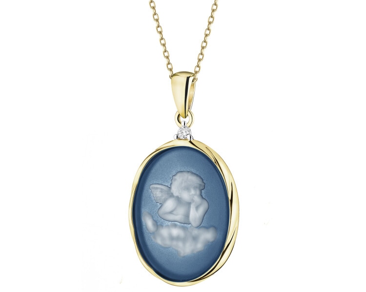 Zawieszka z żółtego złota z brylantem i agatem - kamea, aniołek - próba 585