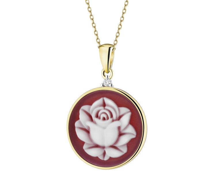 Zawieszka z żółtego złota z brylantem i agatem - kamea, kwiat, róża - próba 585