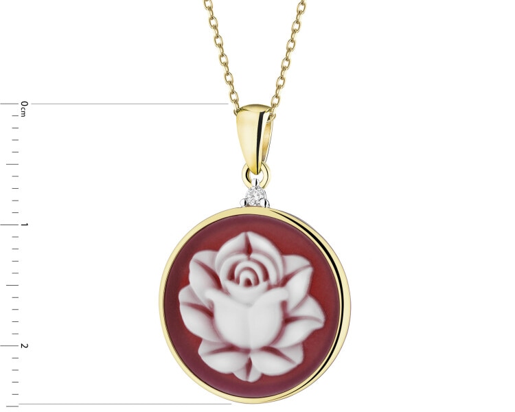 Zawieszka z żółtego złota z brylantem i agatem - kamea, kwiat, róża - próba 585