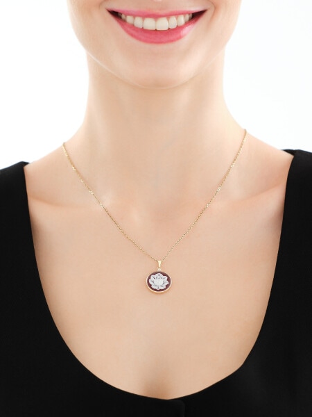 Zawieszka z żółtego złota z brylantem i agatem - kamea, kwiat, róża - próba 585