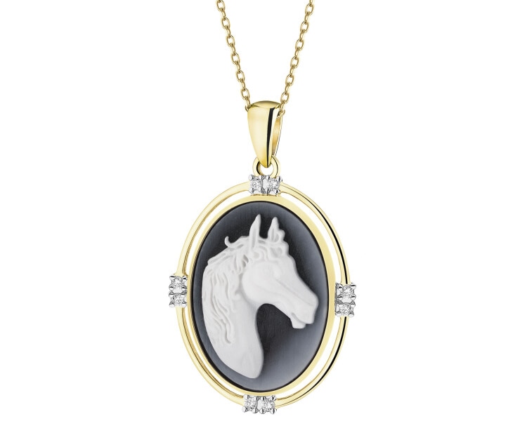 Zawieszka z żółtego złota z brylantami i agatem - kamea, koń - próba 585