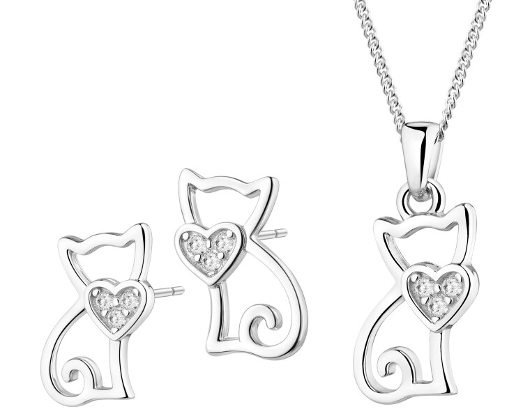 Srebrne kolczyki i zawieszka z cyrkoniami, łańcuszek - koty