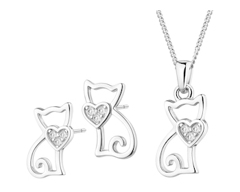 Srebrne kolczyki i zawieszka z cyrkoniami, łańcuszek - koty