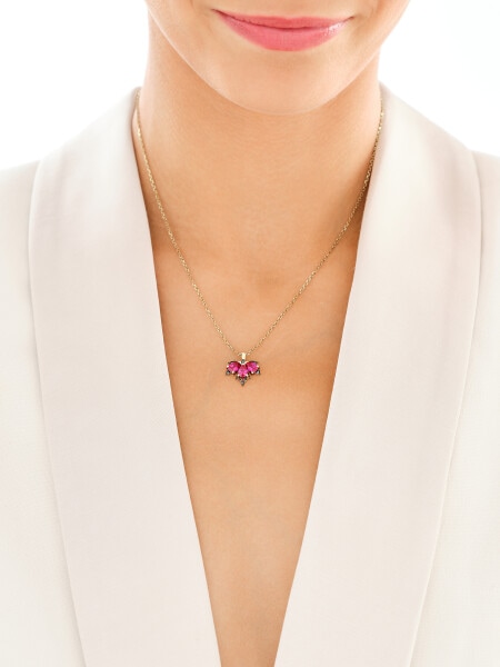 Zlatý přívěsek s černými brilianty, syntetickými rubíny a granáty - javorový list - ryzost 585