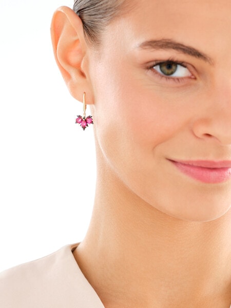 Zlaté náušnice s černými brilianty, syntetickými rubíny a granáty - javorové listy - ryzost 585