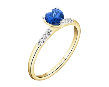 Pierścionek z żółtego złota z diamentami i szafirem syntetycznym - serce - próba 375