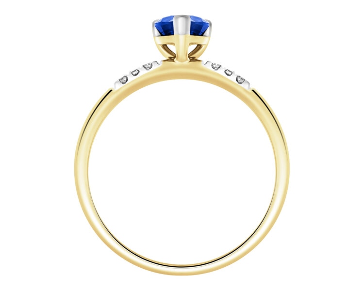 Pierścionek z żółtego złota z diamentami i szafirem syntetycznym - serce - próba 375