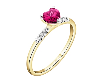 Pierścionek z żółtego złota z diamentami i rubinem syntetycznym - serce - próba 375