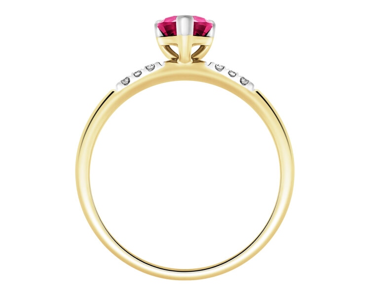 Pierścionek z żółtego złota z diamentami i rubinem syntetycznym - serce - próba 375