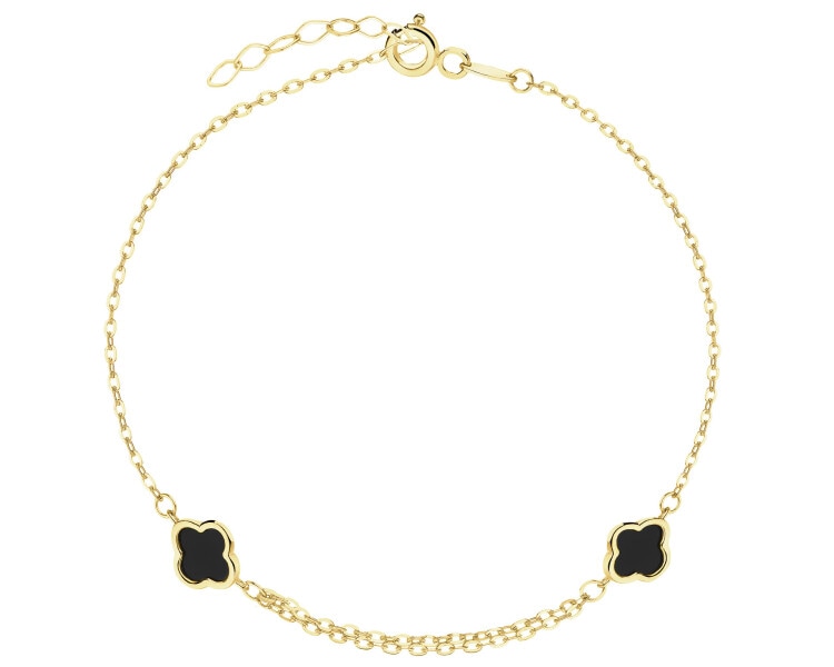 Złota bransoletka z onyksami syntetycznymi - koniczyny