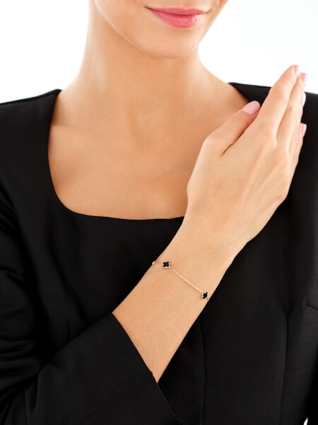 Złota bransoletka z onyksami syntetycznymi - koniczyny