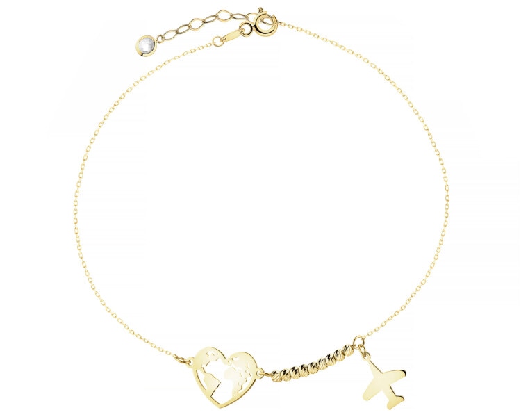 Złota bransoletka z cyrkonią - serce, mapa świata, kulki, samolot