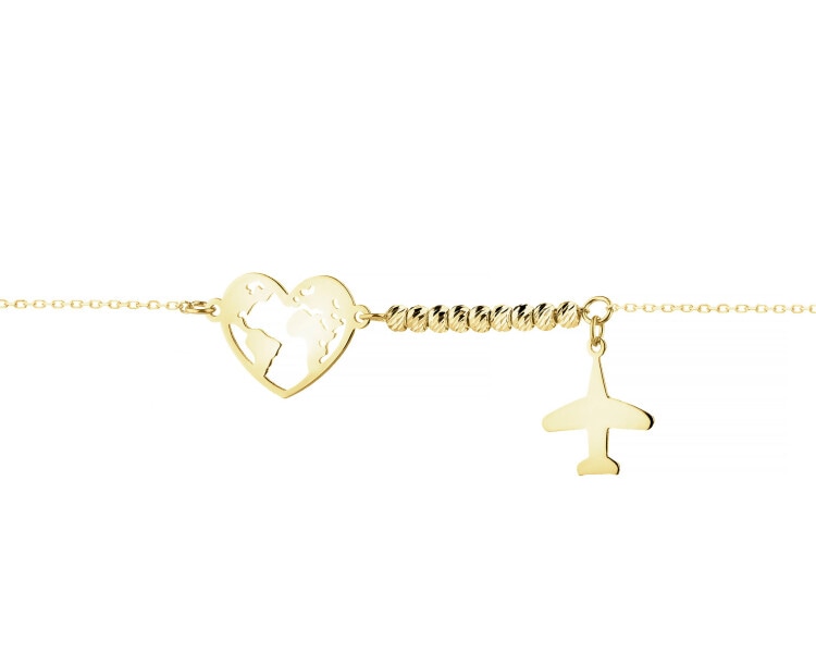 Złota bransoletka z cyrkonią - serce, mapa świata, kulki, samolot