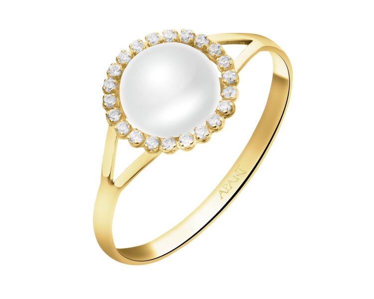 Złoty pierścionek z perłą i cyrkoniami