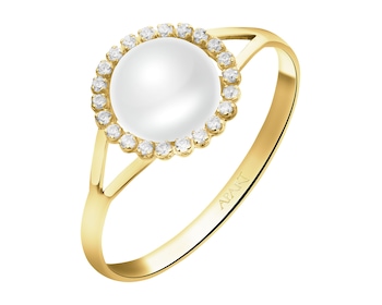Złoty pierścionek z perłą i cyrkoniami