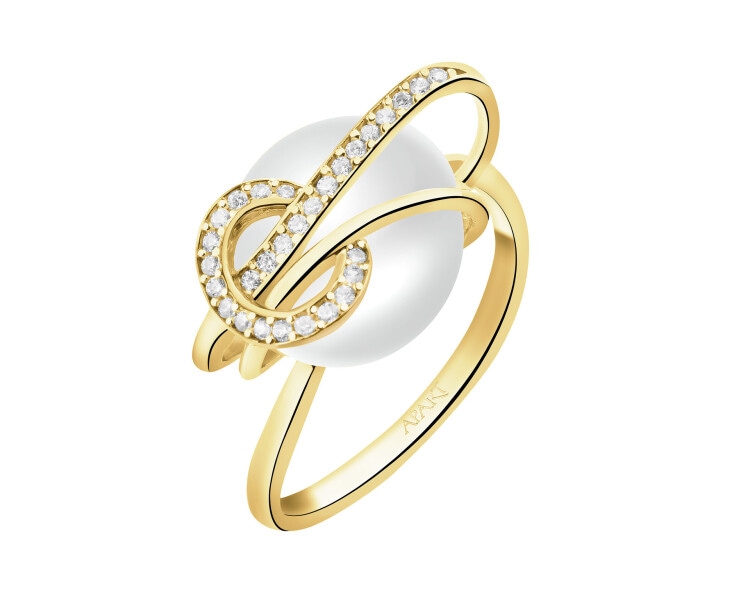 Złoty pierścionek z perłą i cyrkoniami