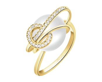 Złoty pierścionek z perłą i cyrkoniami