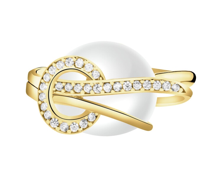 Złoty pierścionek z perłą i cyrkoniami