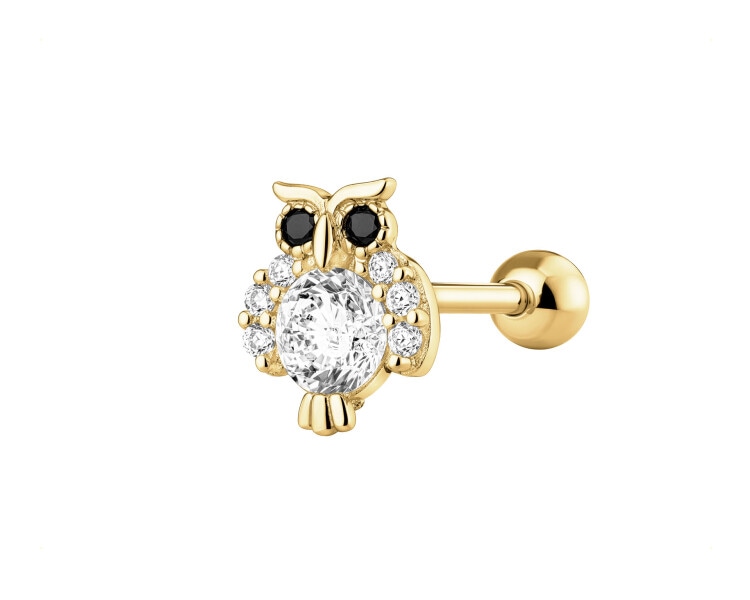 Pojedynczy złoty kolczyk z cyrkoniami do piercingu - sowa