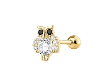 Pojedynczy złoty kolczyk z cyrkoniami do piercingu - sowa