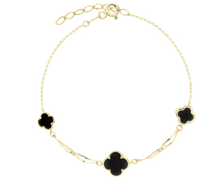 Złota bransoletka z onyksami syntetycznymi - koniczyny