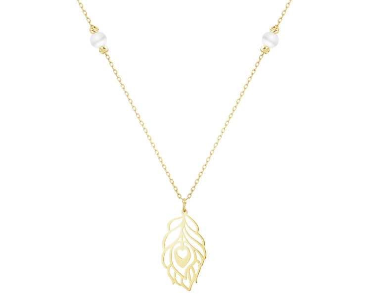 Złoty naszyjnik z perłami i cyrkonią - piórko