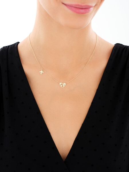 Złoty naszyjnik z cyrkonią - serce, mapa świata, samolot