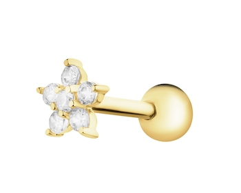 Pojedynczy złoty kolczyk z cyrkoniami do piercingu - kwiat