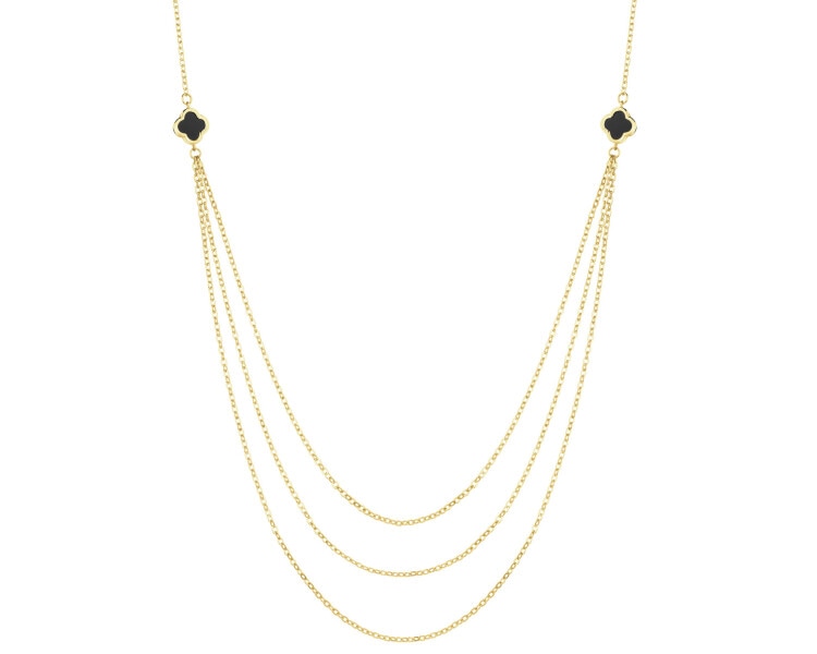 Złoty naszyjnik z onyksami syntetycznymi  - koniczyny