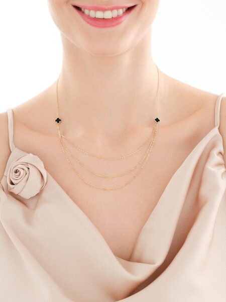 Złoty naszyjnik z onyksami syntetycznymi  - koniczyny